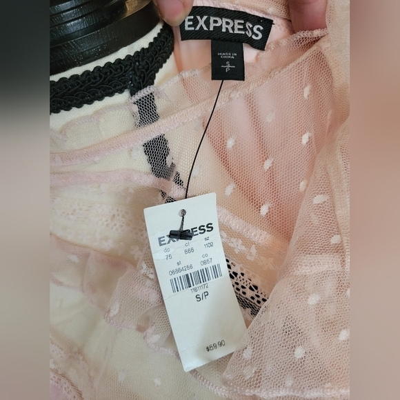 Express blush pink lace Swiss dot lined Victorian mock neck long sleeve blouse S - Picture 2 of 10